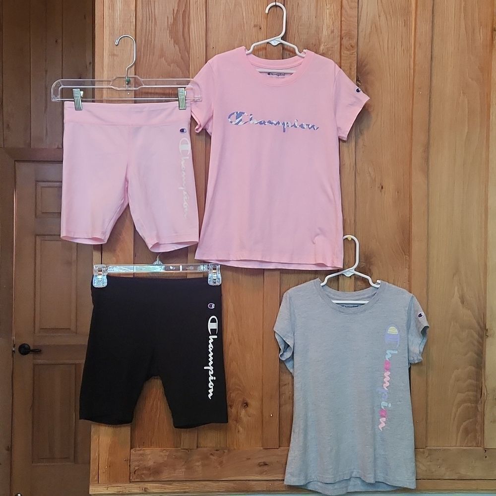 Champion 2 T-Shirts & Biker Shorts Athletic Outfits, Medium, Pink, Grey, & Black